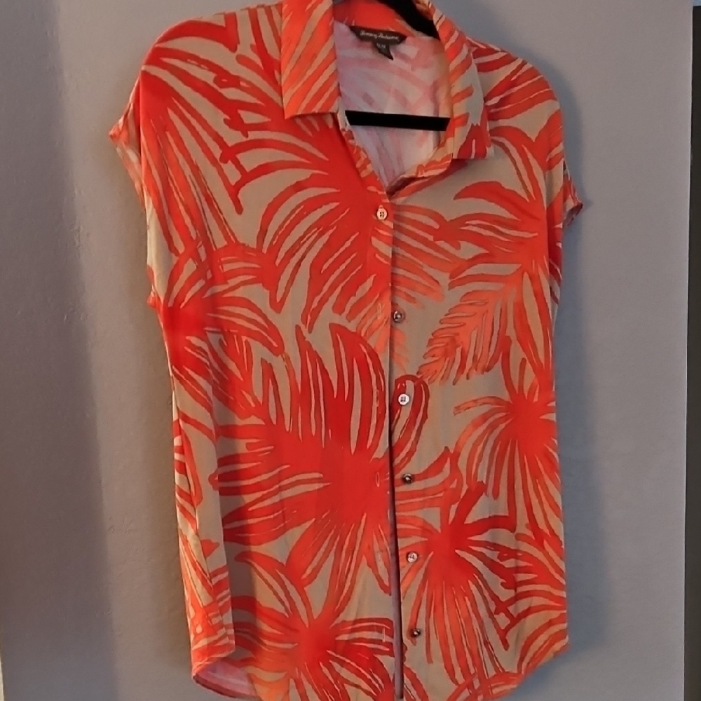 TOMMY BAHAMA ORANGE and Cream Leaf Print Button-Down Shirt MEDIUM
